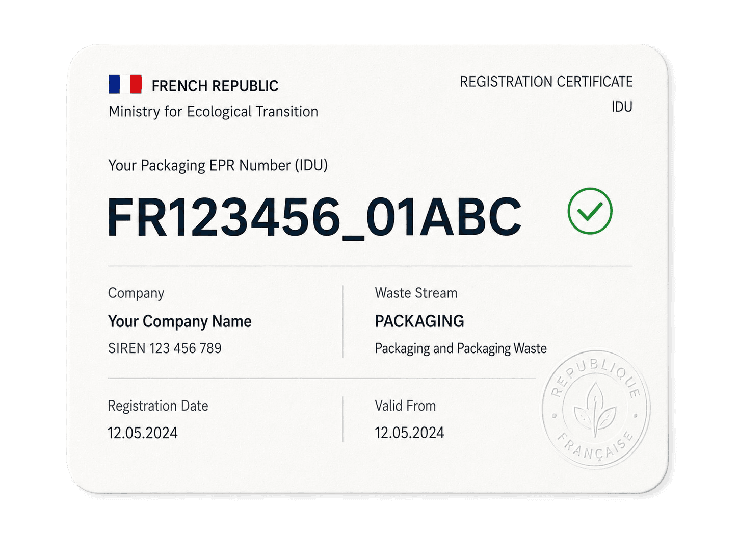 French EPR registration certificate and IDU number