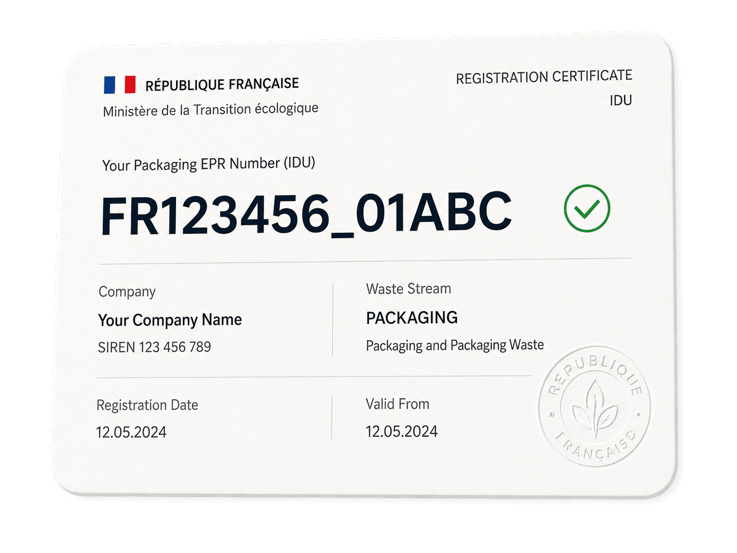 French EPR registration certificate and IDU number